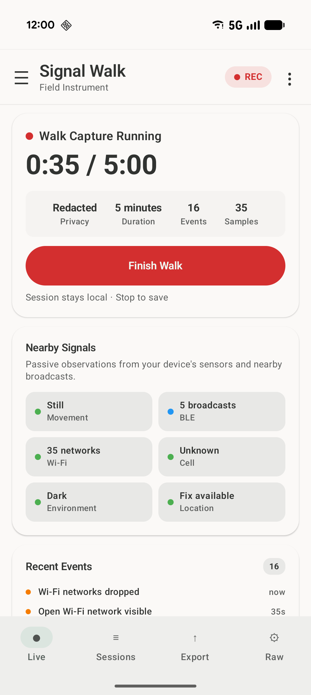 Signal Walk Live screen showing an active walk capture, nearby signal counts, sensor status, and recent events